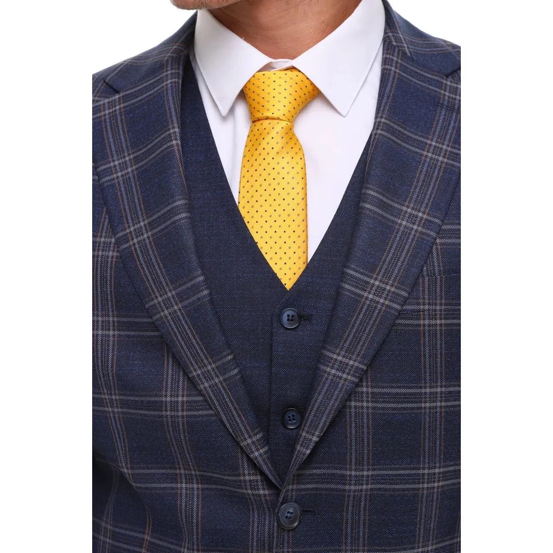 BR23-K20 - Men's 3 Piece Suit Navy Blue Grey Brown Check Contrasting Waistcoat Trouser