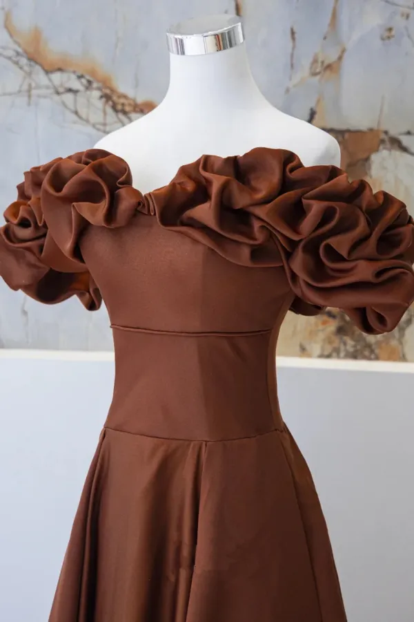 Brown Satin Off Shoulder A Line Prom Dress, Evening Dress Formal Dress PFP2766