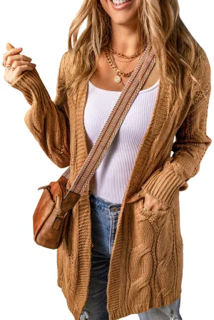 Cali Chic Women Khaki Ribbed Trim Eyelet Cable Knit Cardigan