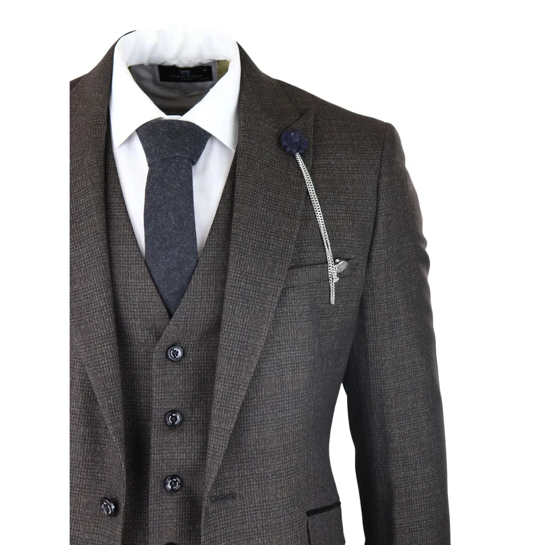 Caridi - Men's 3 Piece Brown Check Suit Tweed Classic Wedding