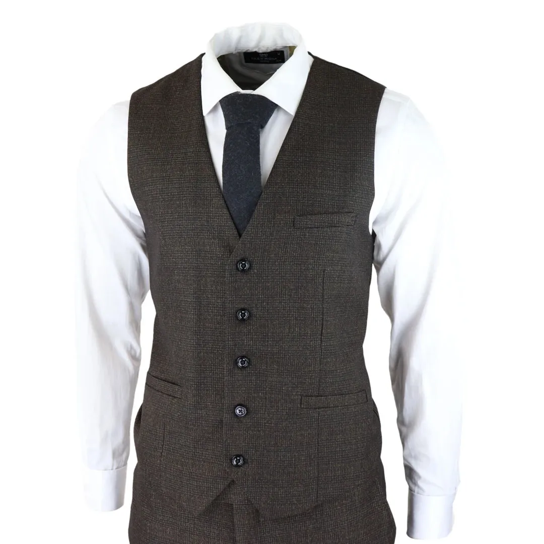 Caridi - Men's 3 Piece Brown Check Suit Tweed Classic Wedding