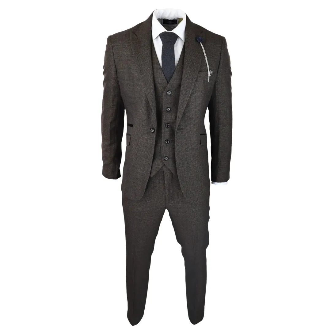 Caridi - Men's 3 Piece Brown Check Suit Tweed Classic Wedding