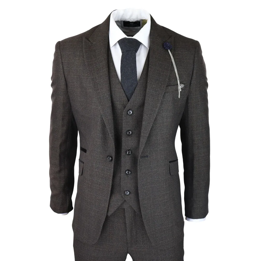 Caridi - Men's 3 Piece Brown Check Suit Tweed Classic Wedding