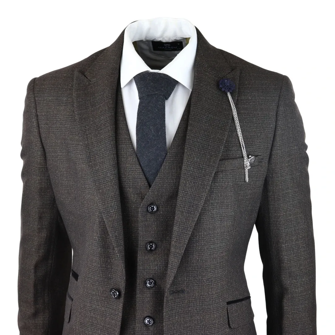Caridi - Men's 3 Piece Brown Check Suit Tweed Classic Wedding