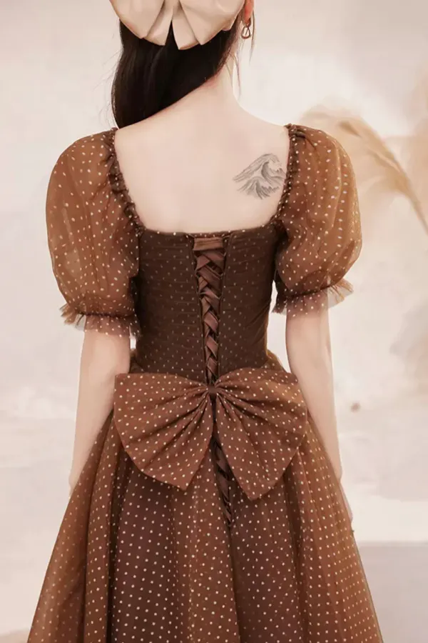 Charming Brown Tulle Floor Length Prom Dress, A Line Short Sleeve Evening Party Dress PFP2567