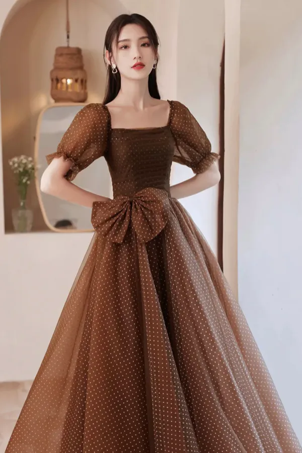 Charming Brown Tulle Floor Length Prom Dress, A Line Short Sleeve Evening Party Dress PFP2567