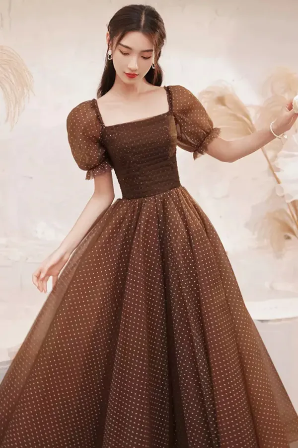 Charming Brown Tulle Floor Length Prom Dress, A Line Short Sleeve Evening Party Dress PFP2567
