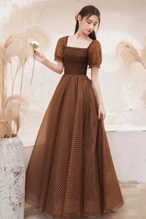 Charming Brown Tulle Floor Length Prom Dress, A Line Short Sleeve Evening Party Dress PFP2567