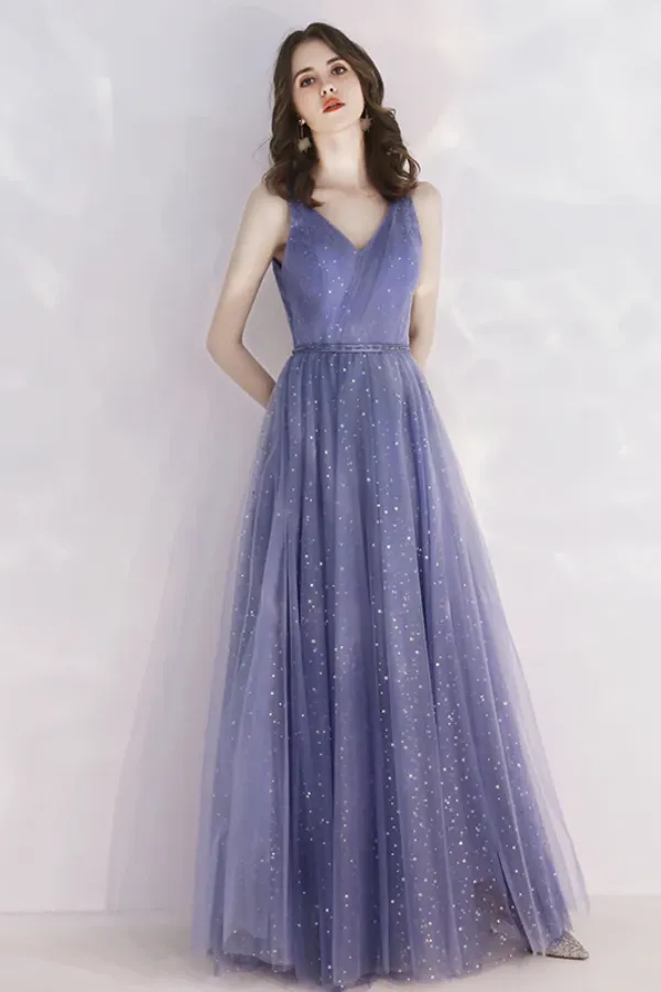 Charming Tulle Purple V Neckline Long Formal Dress, Shiny Tulle Low Back Wedding Party Dress PFP2647