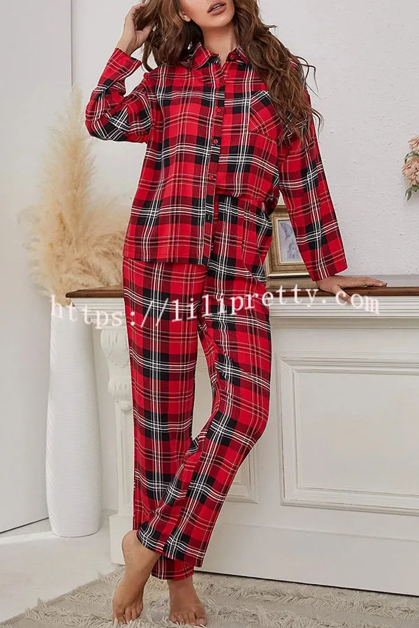 Christmas Plaid Print Pocket Button Pajama Set