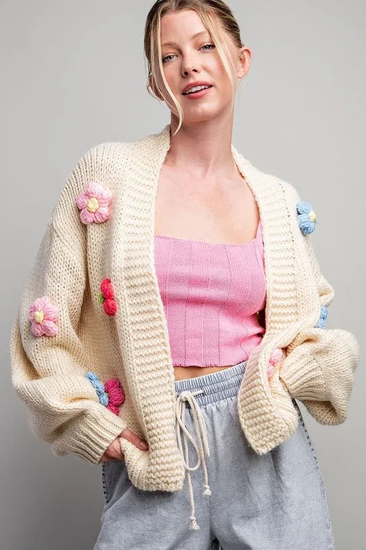 Cream 3D Floral Long Sleeve Cardigan