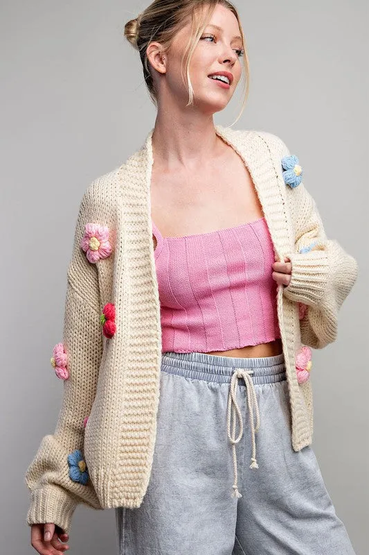 Cream 3D Floral Long Sleeve Cardigan