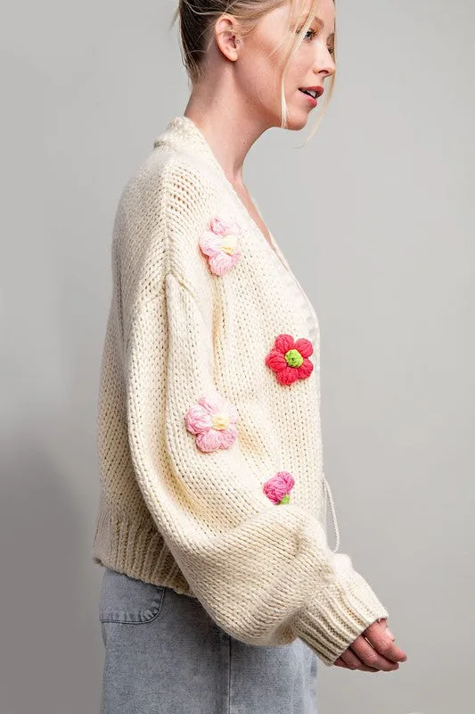 Cream 3D Floral Long Sleeve Cardigan