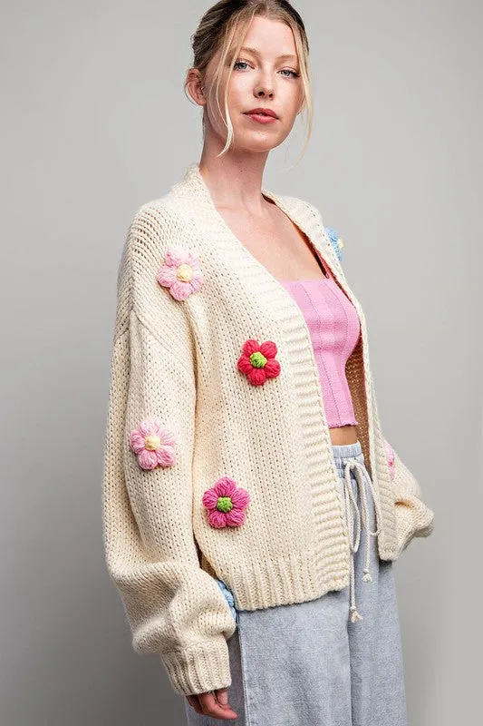 Cream 3D Floral Long Sleeve Cardigan