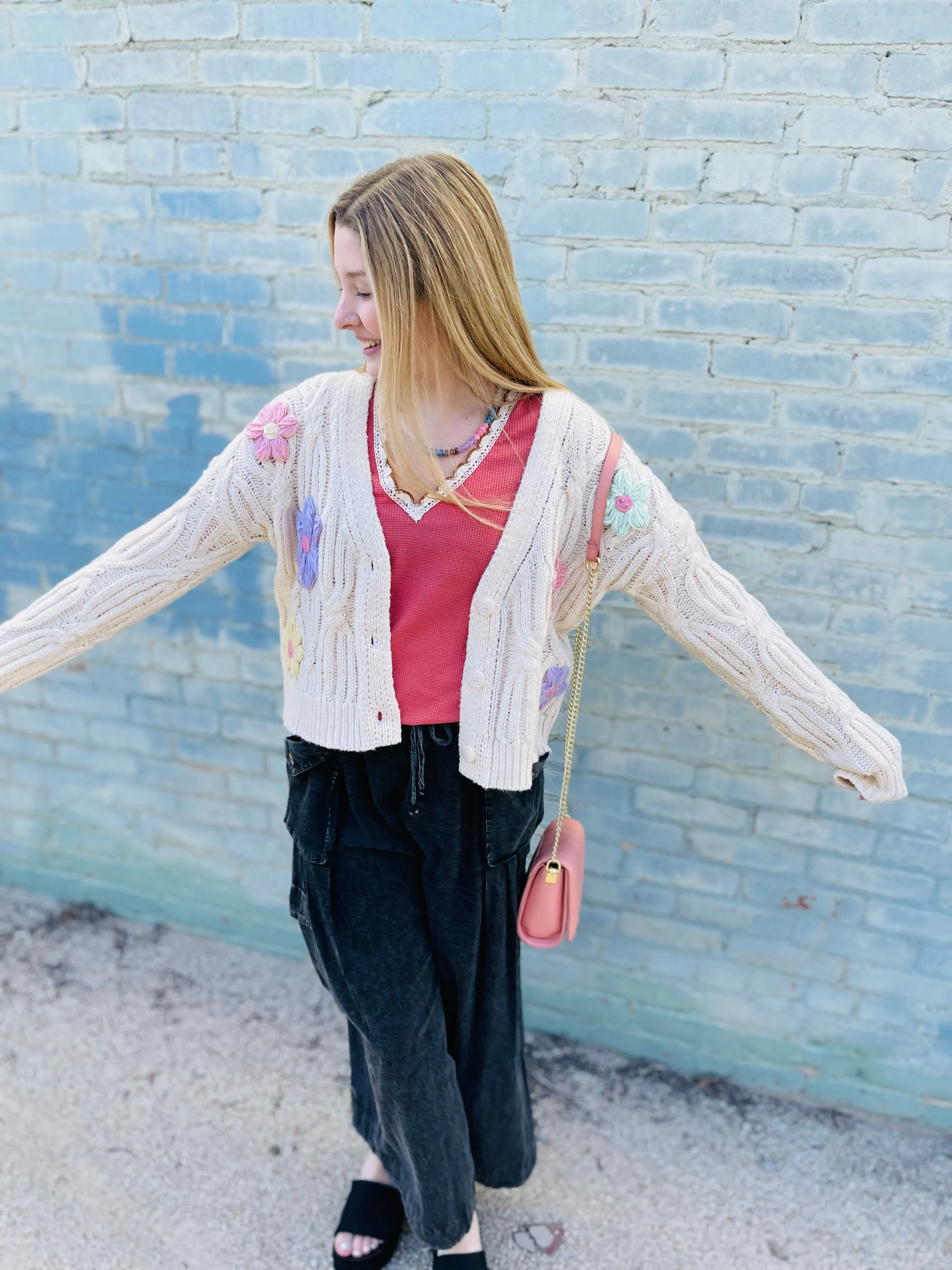 Cream Button Front Cardigan w/ Floral Applique