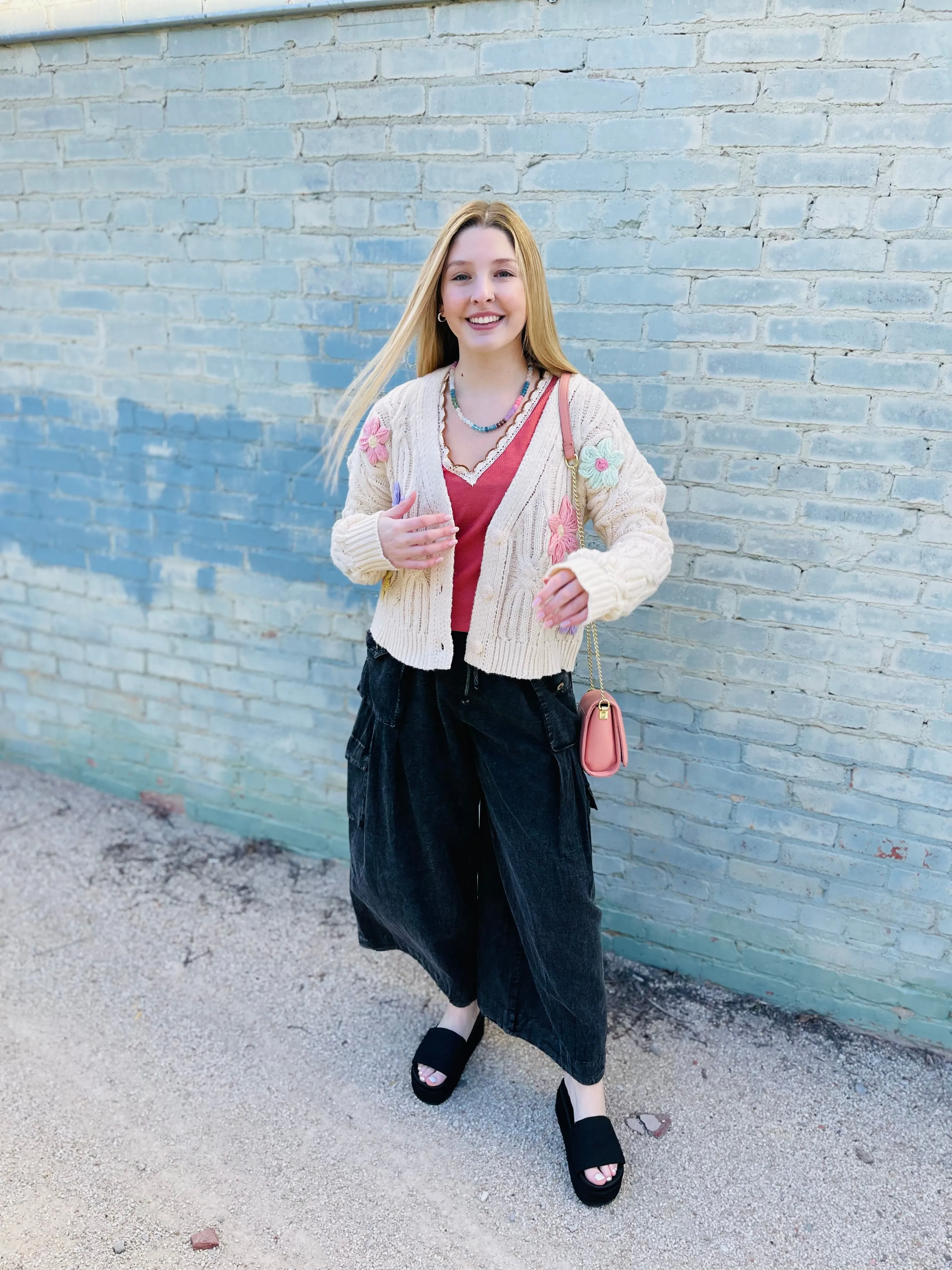Cream Button Front Cardigan w/ Floral Applique