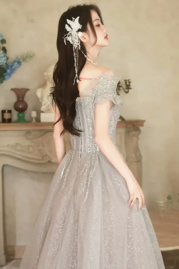 Cute A Line Light Grey Off Shoulder Shiny Tulle Prom Dress, Light Grey Party Dress PFP2701