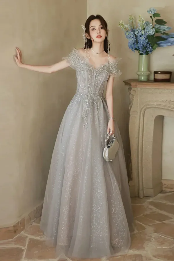 Cute A Line Light Grey Off Shoulder Shiny Tulle Prom Dress, Light Grey Party Dress PFP2701