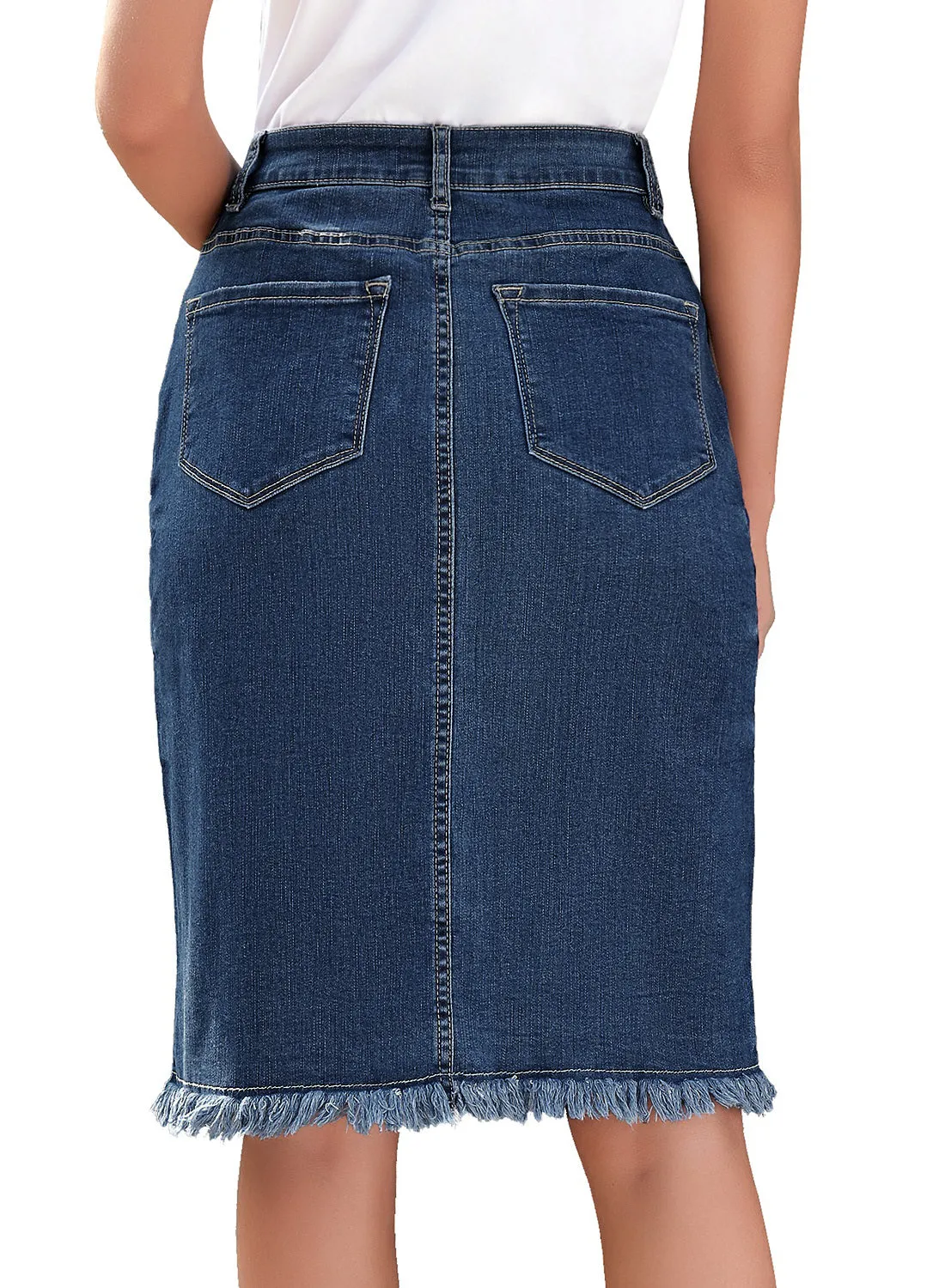 Deep Blue Frayed Hem Button-Down Midi Denim Skirt