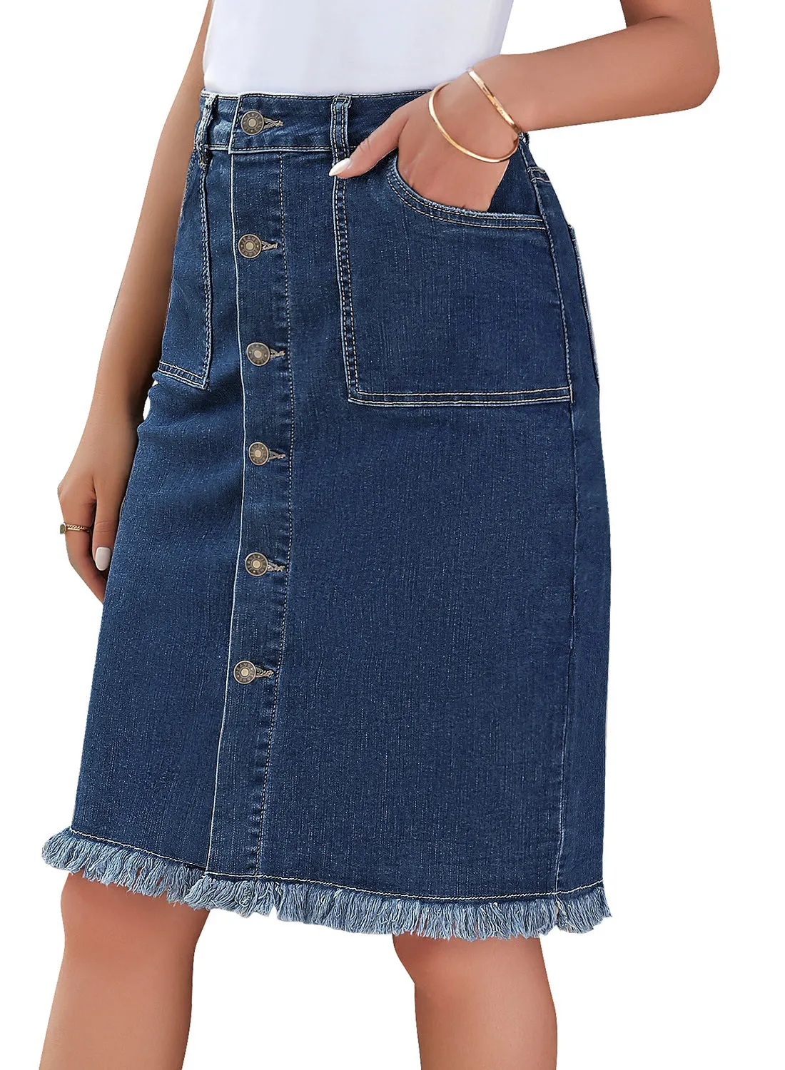 Deep Blue Frayed Hem Button-Down Midi Denim Skirt
