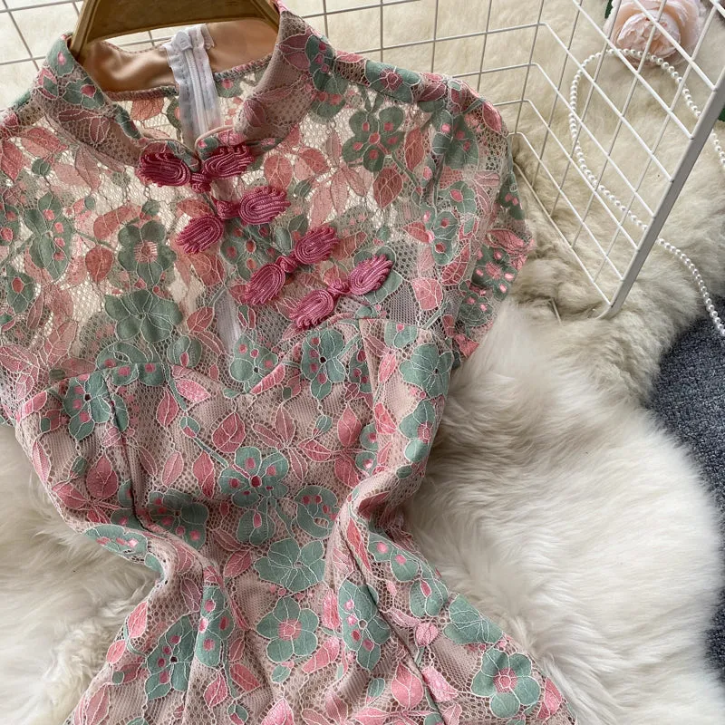 Embroidered Floral Printed Slit Cheongsam Dress