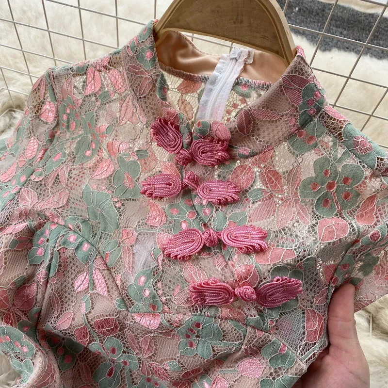 Embroidered Floral Printed Slit Cheongsam Dress