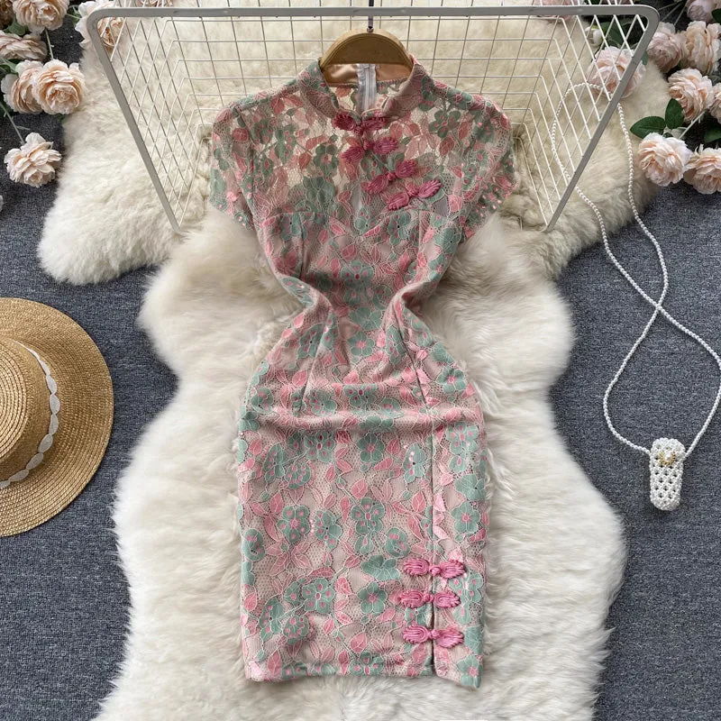 Embroidered Floral Printed Slit Cheongsam Dress