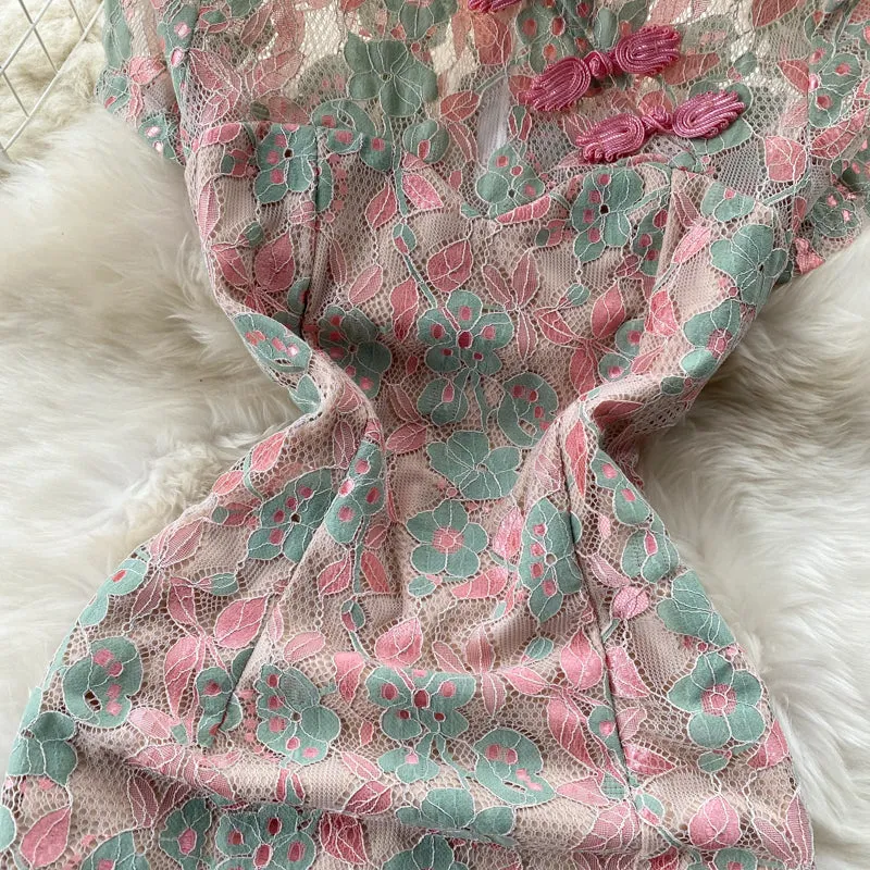 Embroidered Floral Printed Slit Cheongsam Dress
