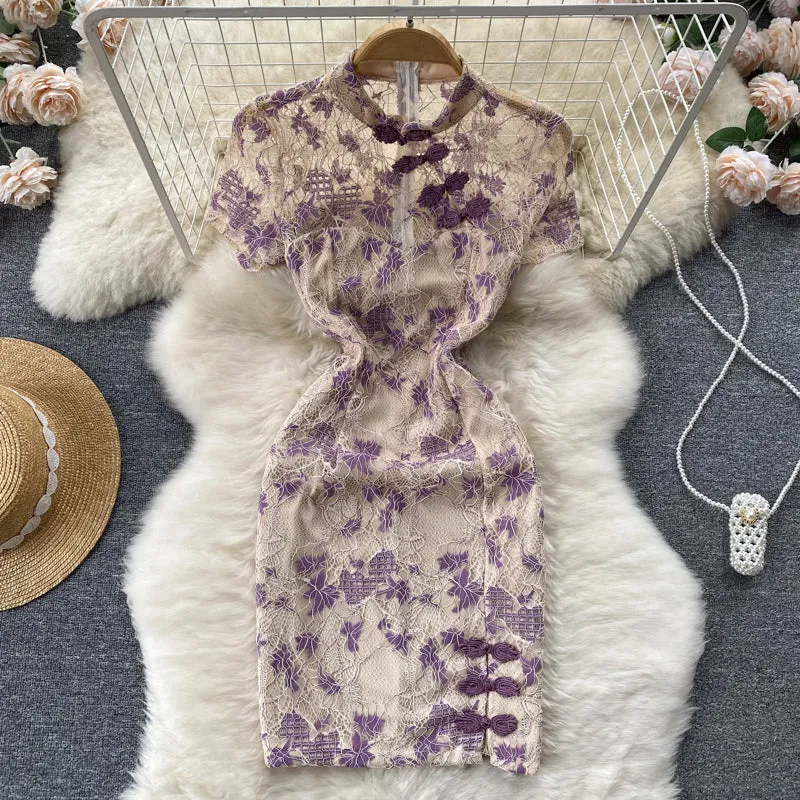 Embroidered Floral Printed Slit Cheongsam Dress