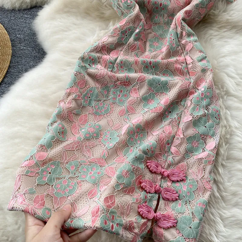 Embroidered Floral Printed Slit Cheongsam Dress
