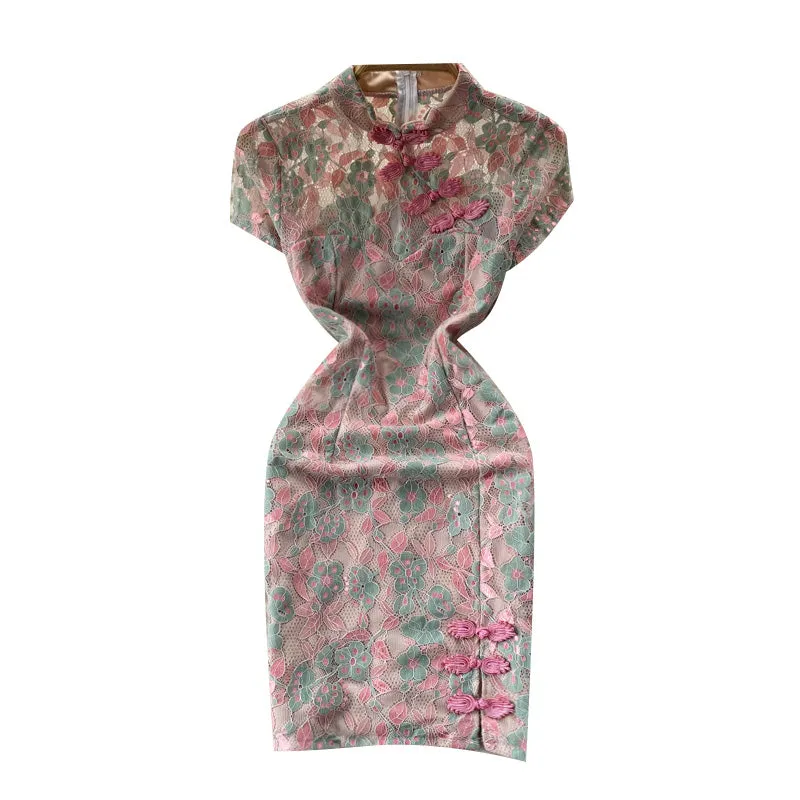 Embroidered Floral Printed Slit Cheongsam Dress