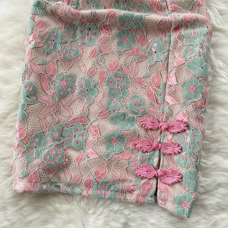 Embroidered Floral Printed Slit Cheongsam Dress