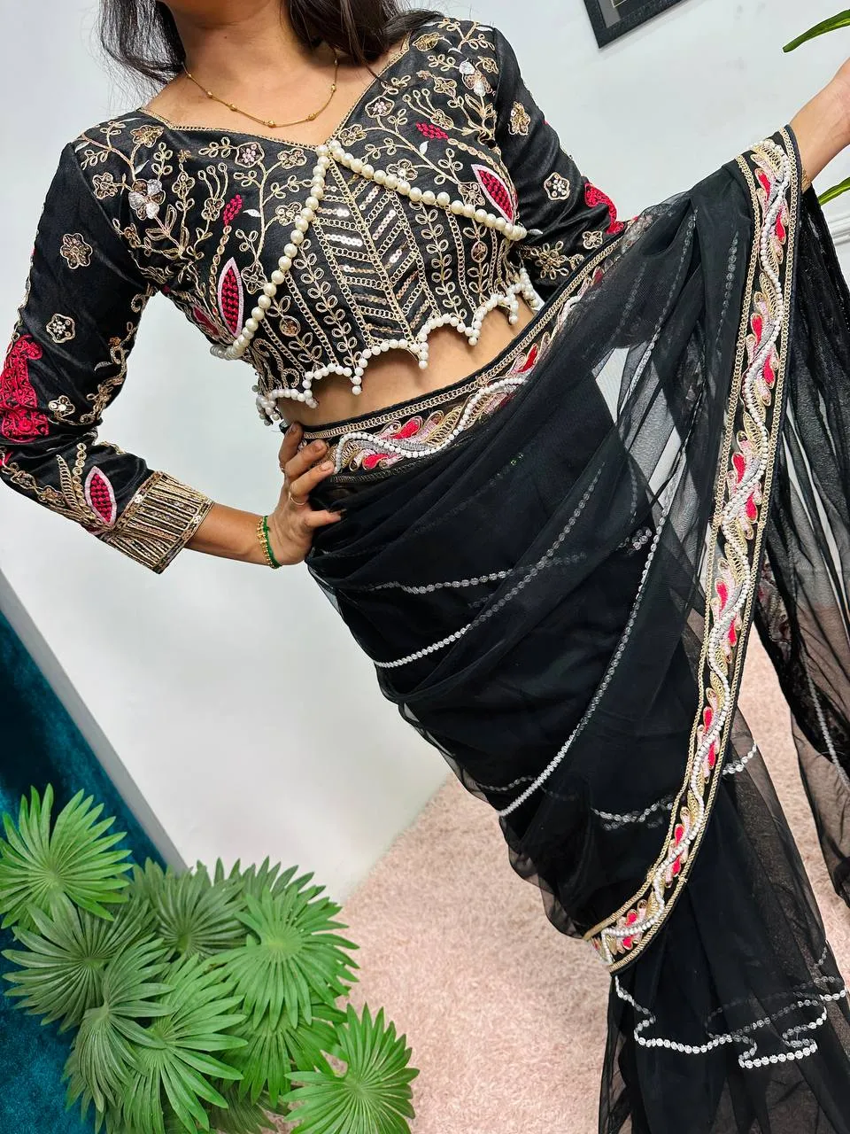 Embroidered Hand Diamond and Pearl Work Net Saree