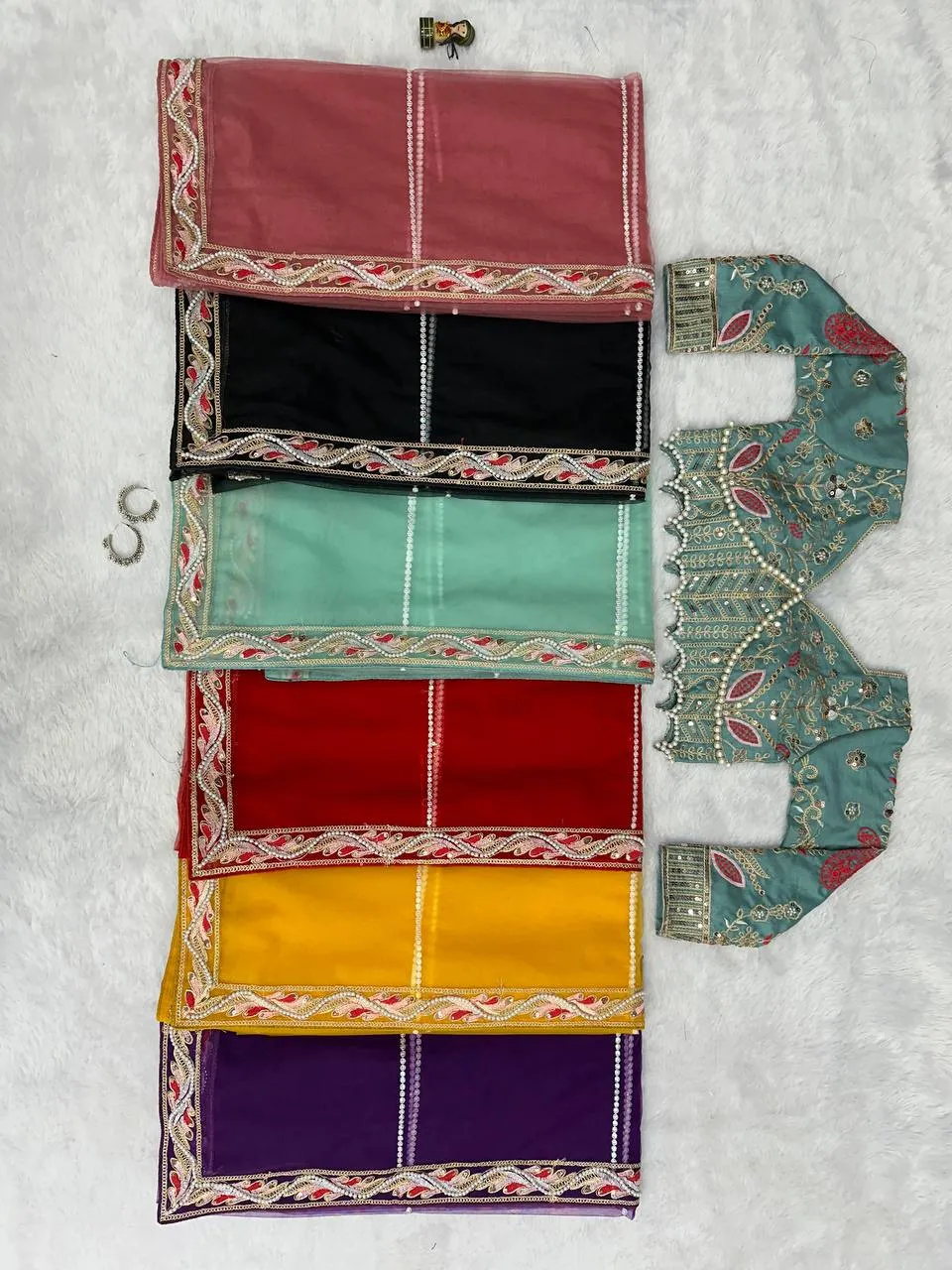 Embroidered Hand Diamond and Pearl Work Net Saree