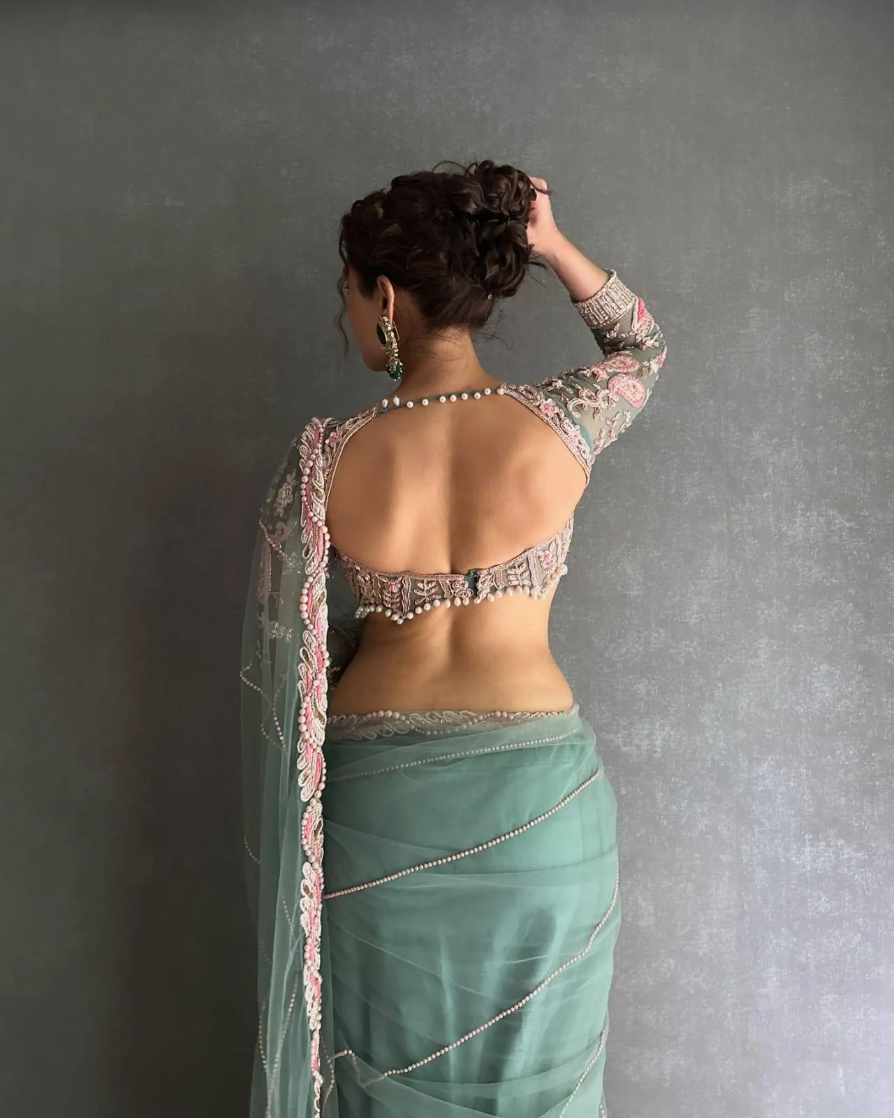 Embroidered Hand Diamond and Pearl Work Net Saree