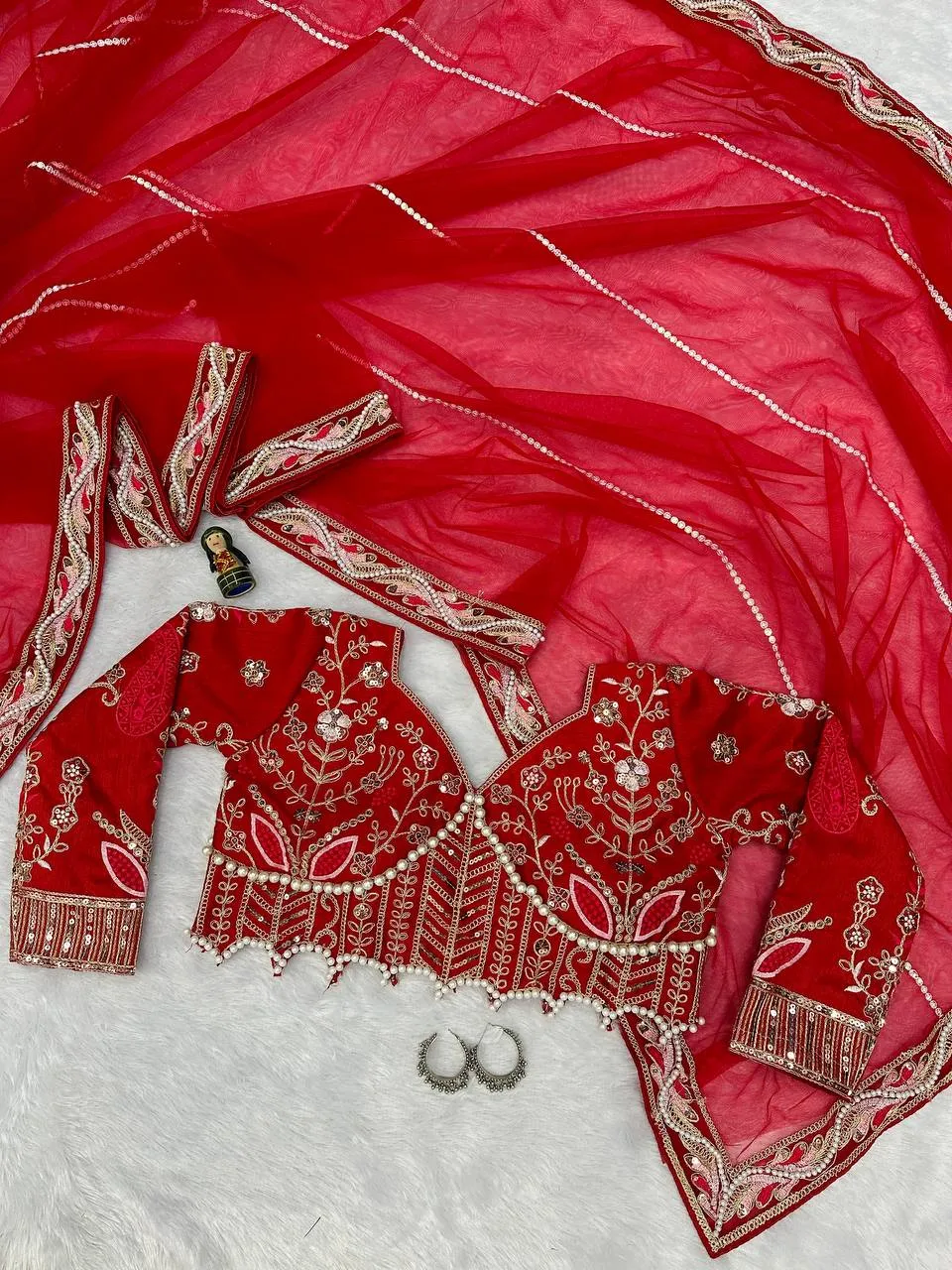 Embroidered Hand Diamond and Pearl Work Net Saree