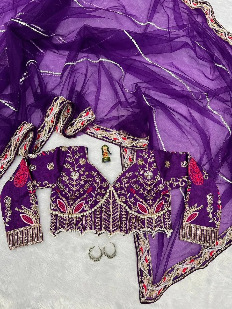 Embroidered Hand Diamond and Pearl Work Net Saree