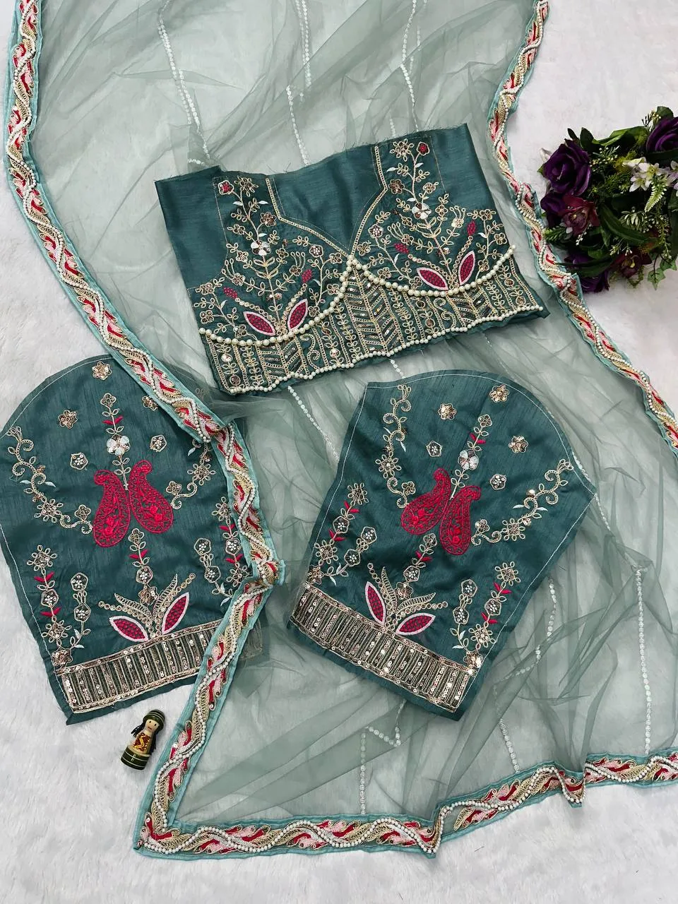 Embroidered Hand Diamond and Pearl Work Net Saree