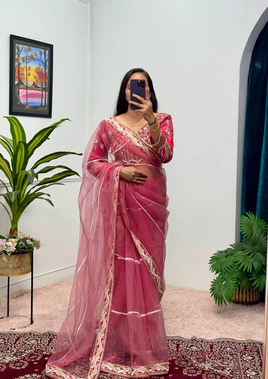 Embroidered Hand Diamond and Pearl Work Net Saree