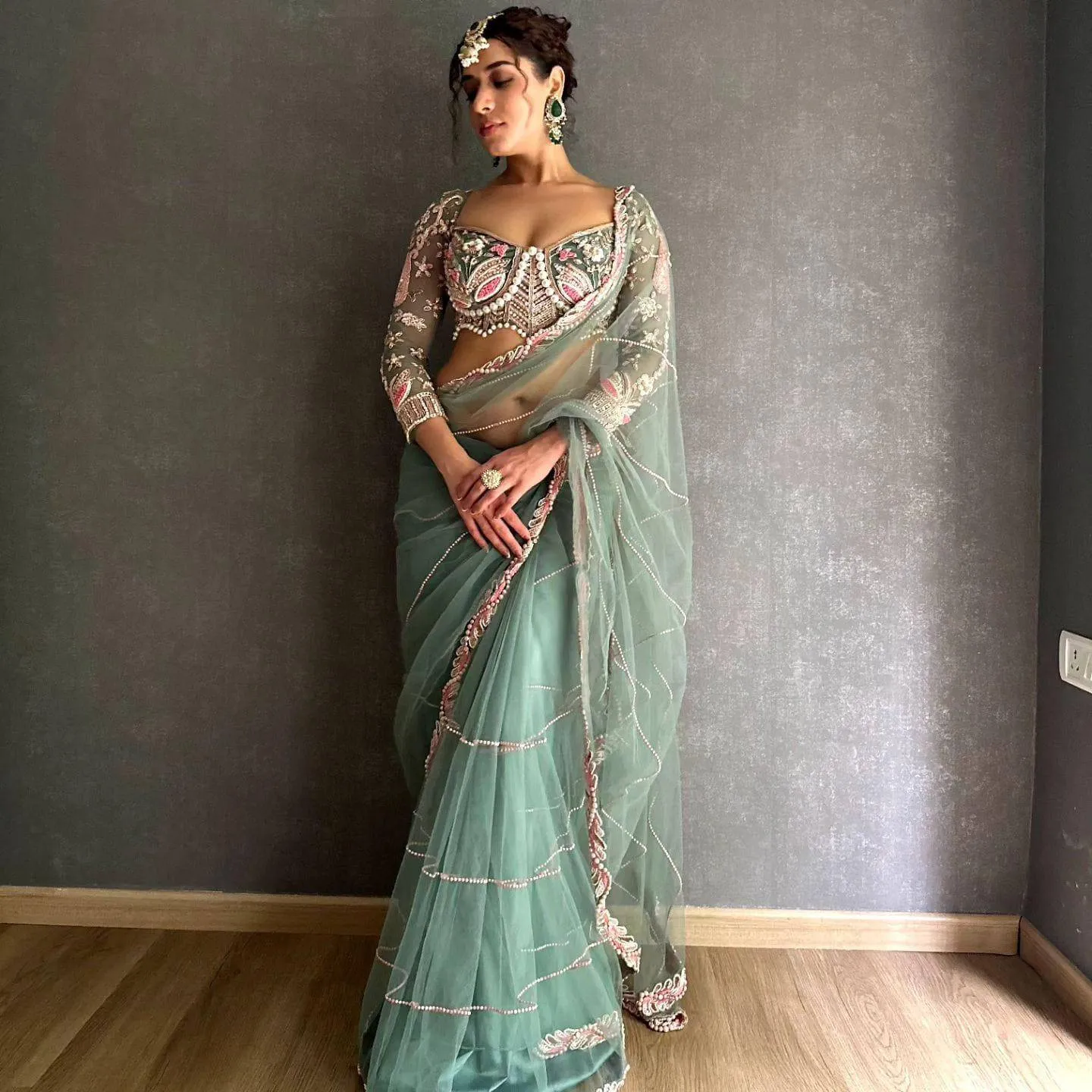 Embroidered Hand Diamond and Pearl Work Net Saree