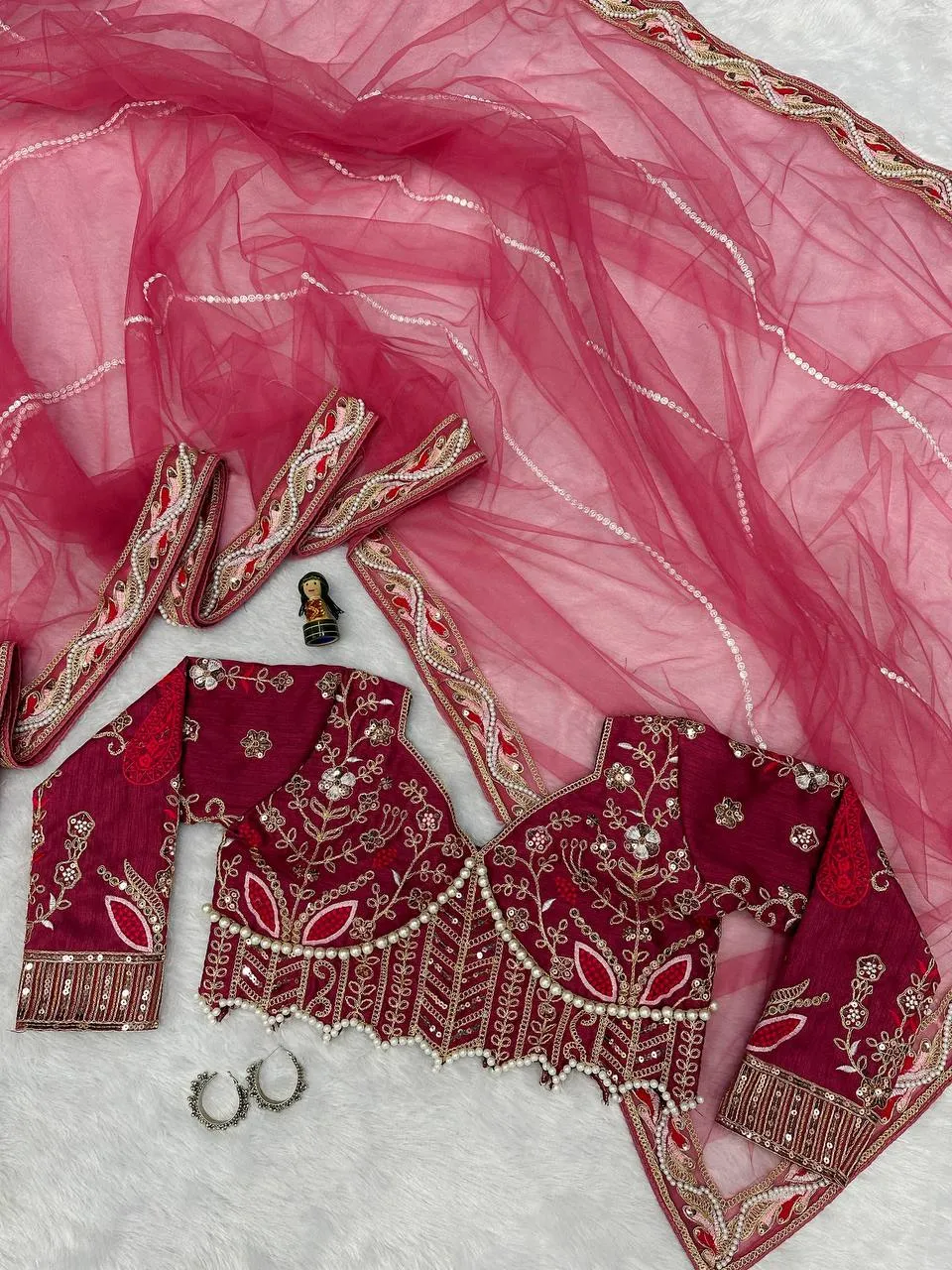 Embroidered Hand Diamond and Pearl Work Net Saree