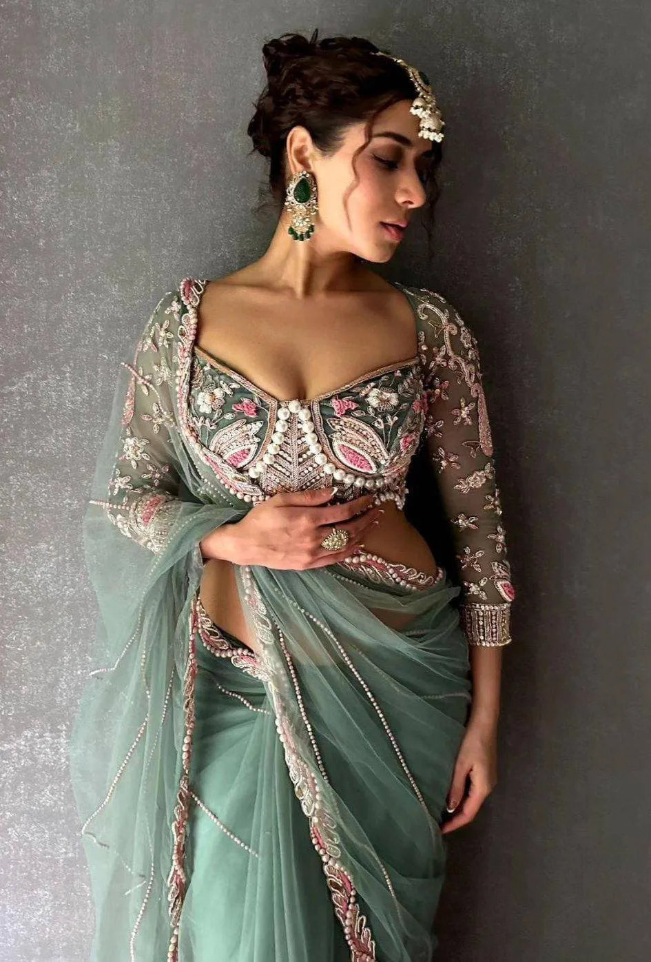 Embroidered Hand Diamond and Pearl Work Net Saree