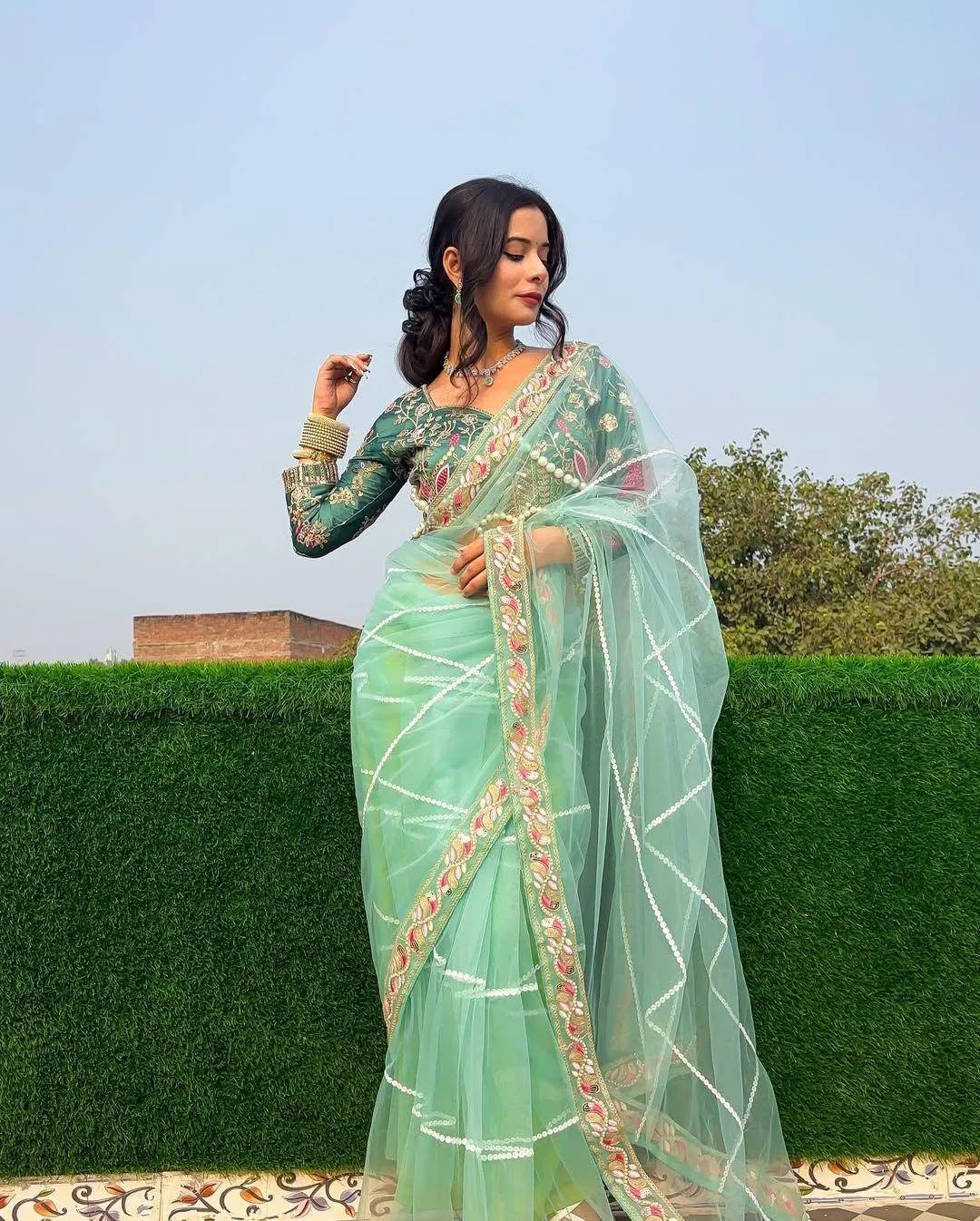 Embroidered Hand Diamond and Pearl Work Net Saree
