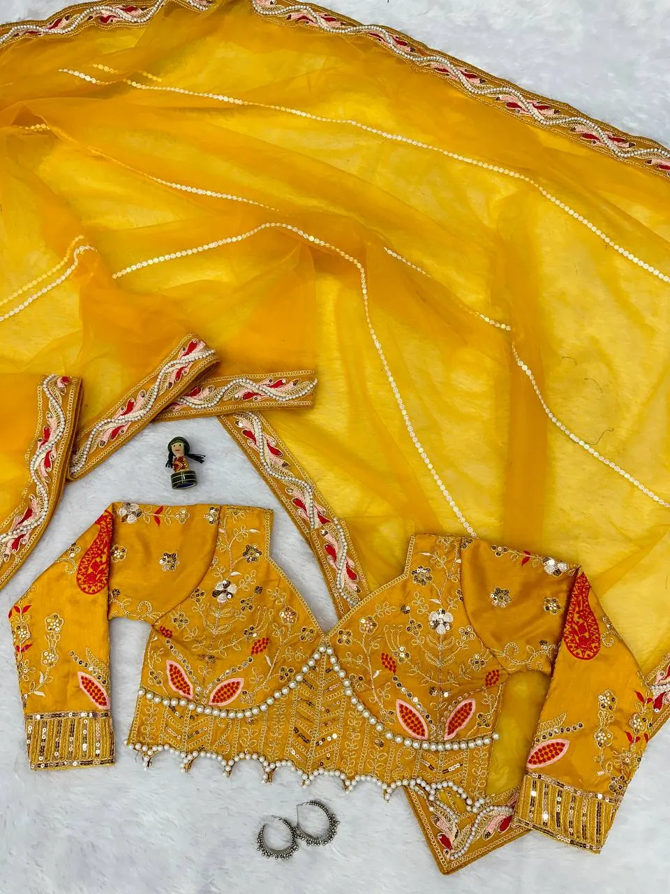 Embroidered Hand Diamond and Pearl Work Net Saree