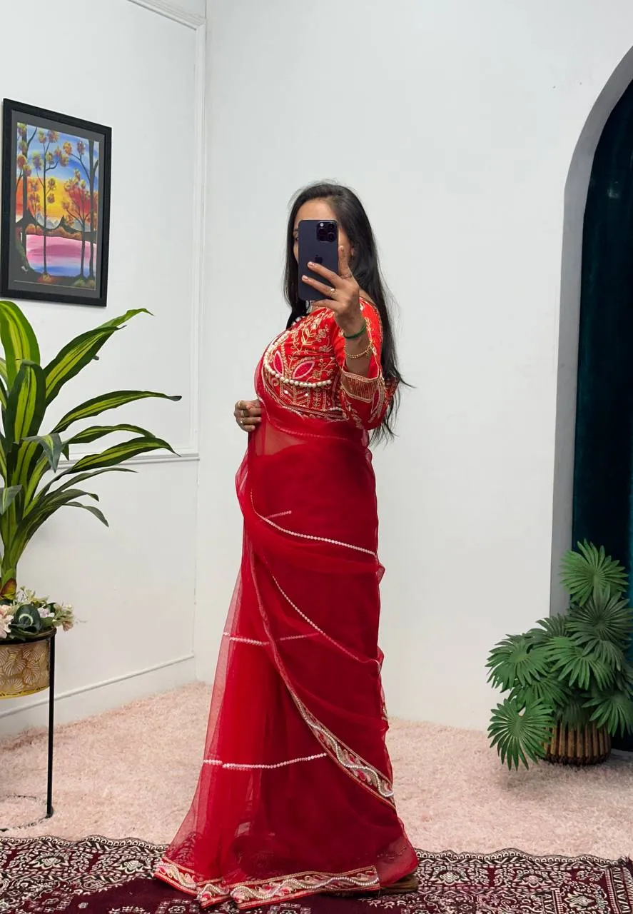 Embroidered Hand Diamond and Pearl Work Net Saree