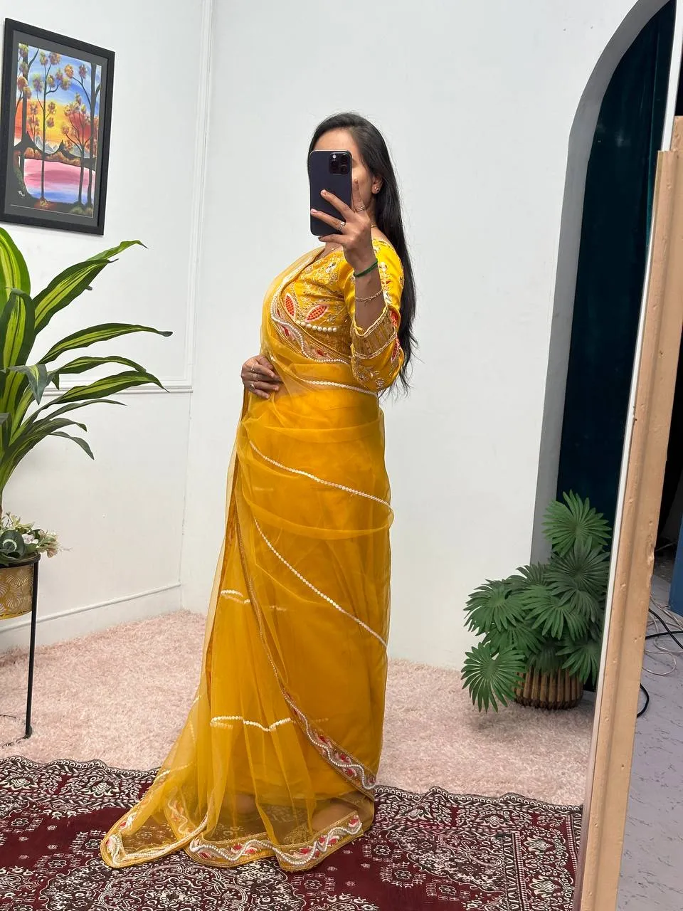 Embroidered Hand Diamond and Pearl Work Net Saree
