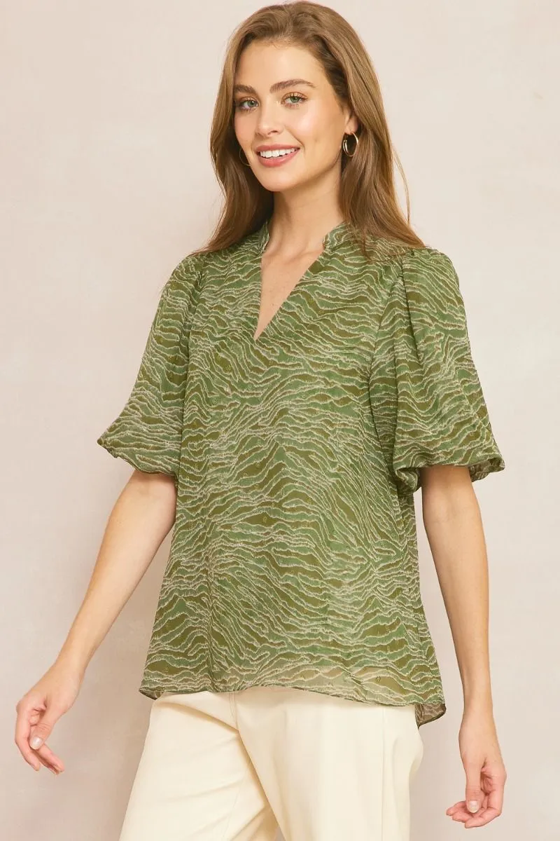 Entro Olive Animal Print Bubble Sleeve V-Neck Top Featuring Swiss Dot Detail