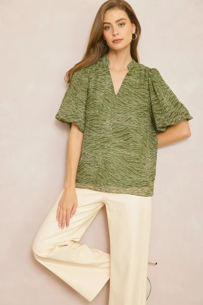 Entro Olive Animal Print Bubble Sleeve V-Neck Top Featuring Swiss Dot Detail