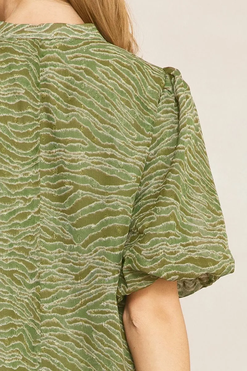 Entro Olive Animal Print Bubble Sleeve V-Neck Top Featuring Swiss Dot Detail