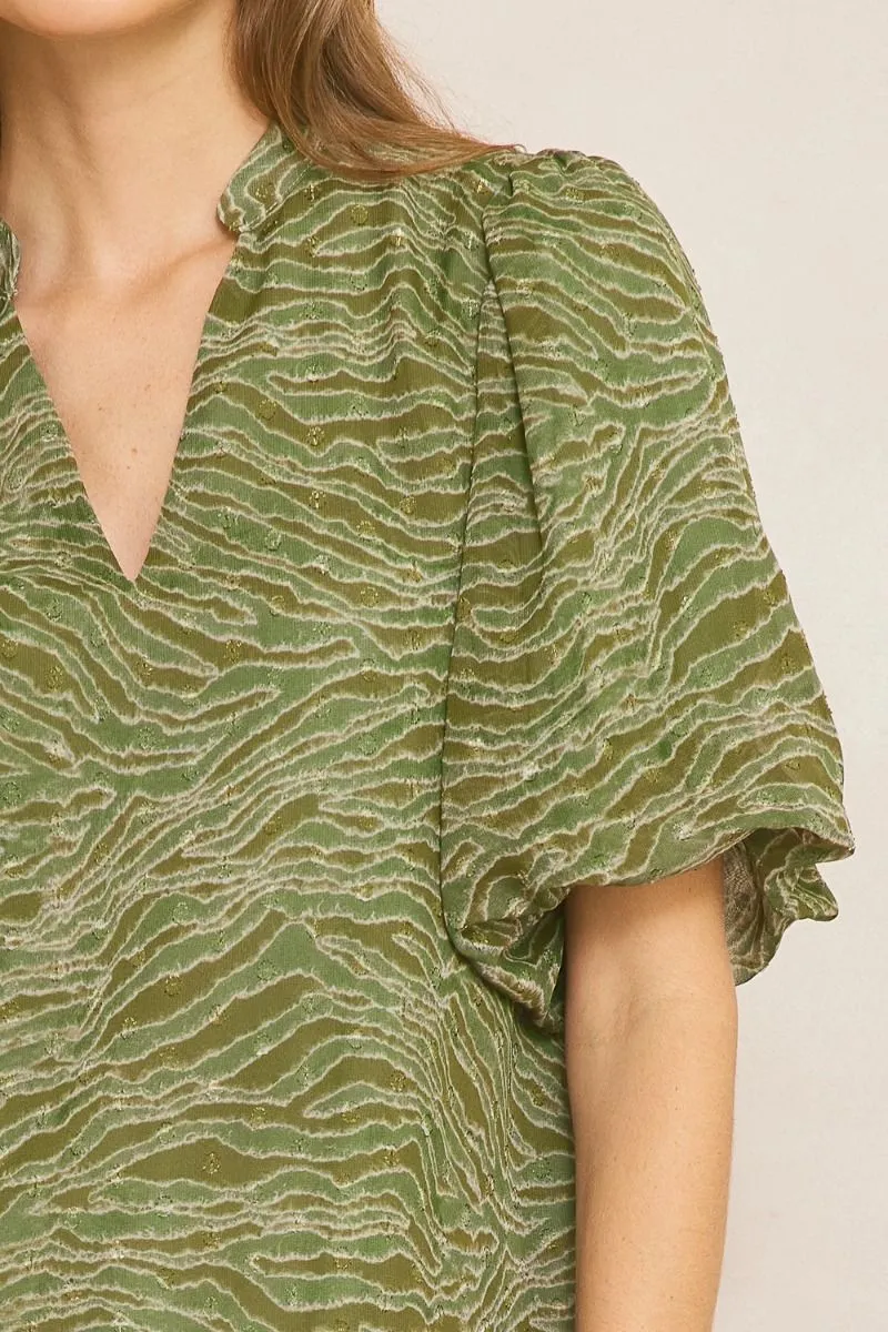 Entro Olive Animal Print Bubble Sleeve V-Neck Top Featuring Swiss Dot Detail